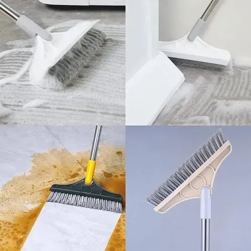 2-in-1 Floor Scrub Brush with Long Handle - Adjustable Magic Broom, 120° Rotating Triangular Head, Removable Crevice Cleaner with Squeegee.