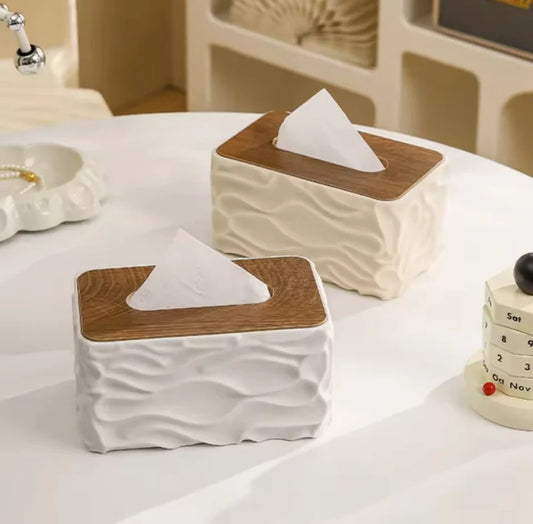 Elegant Wave Pattern Tissues Box With Wooden Lid