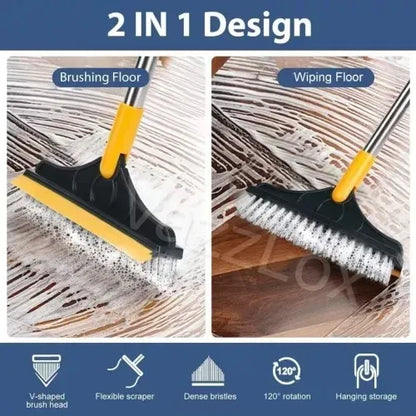 2-in-1 Floor Scrub Brush with Long Handle - Adjustable Magic Broom, 120° Rotating Triangular Head, Removable Crevice Cleaner with Squeegee.
