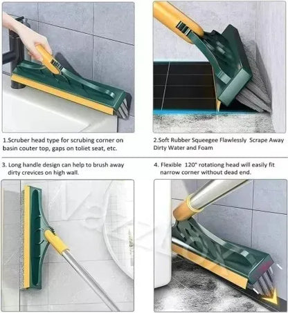 2-in-1 Floor Scrub Brush with Long Handle - Adjustable Magic Broom, 120° Rotating Triangular Head, Removable Crevice Cleaner with Squeegee.