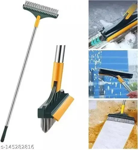 2-in-1 Floor Scrub Brush with Long Handle - Adjustable Magic Broom, 120° Rotating Triangular Head, Removable Crevice Cleaner with Squeegee.