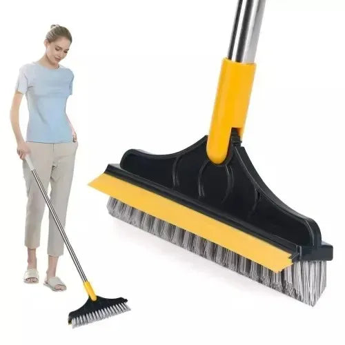 2-in-1 Floor Scrub Brush with Long Handle - Adjustable Magic Broom, 120° Rotating Triangular Head, Removable Crevice Cleaner with Squeegee.