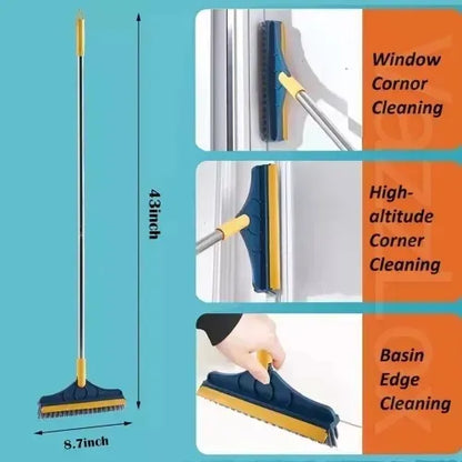 2-in-1 Floor Scrub Brush with Long Handle - Adjustable Magic Broom, 120° Rotating Triangular Head, Removable Crevice Cleaner with Squeegee.