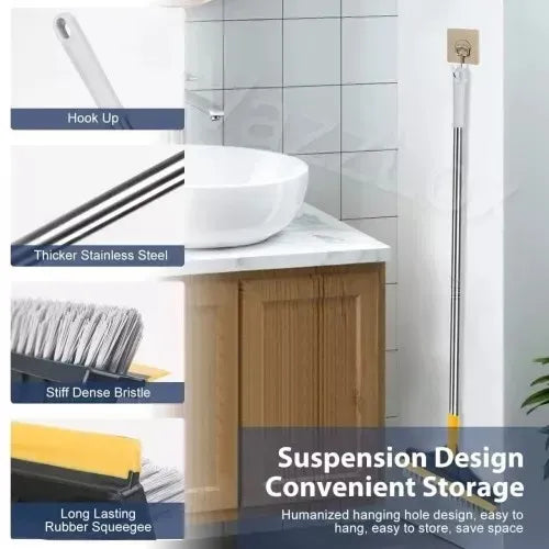 2-in-1 Floor Scrub Brush with Long Handle - Adjustable Magic Broom, 120° Rotating Triangular Head, Removable Crevice Cleaner with Squeegee.