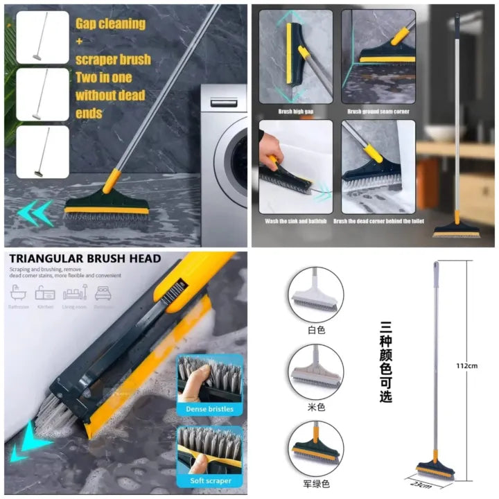 2-in-1 Floor Scrub Brush with Long Handle - Adjustable Magic Broom, 120° Rotating Triangular Head, Removable Crevice Cleaner with Squeegee.