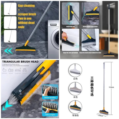 2-in-1 Floor Scrub Brush with Long Handle - Adjustable Magic Broom, 120° Rotating Triangular Head, Removable Crevice Cleaner with Squeegee.