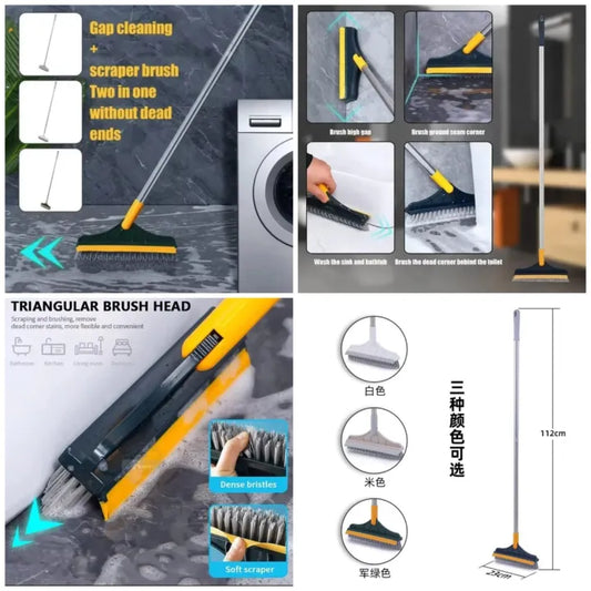 2-in-1 Floor Scrub Brush with Long Handle - Adjustable Magic Broom, 120° Rotating Triangular Head, Removable Crevice Cleaner with Squeegee.