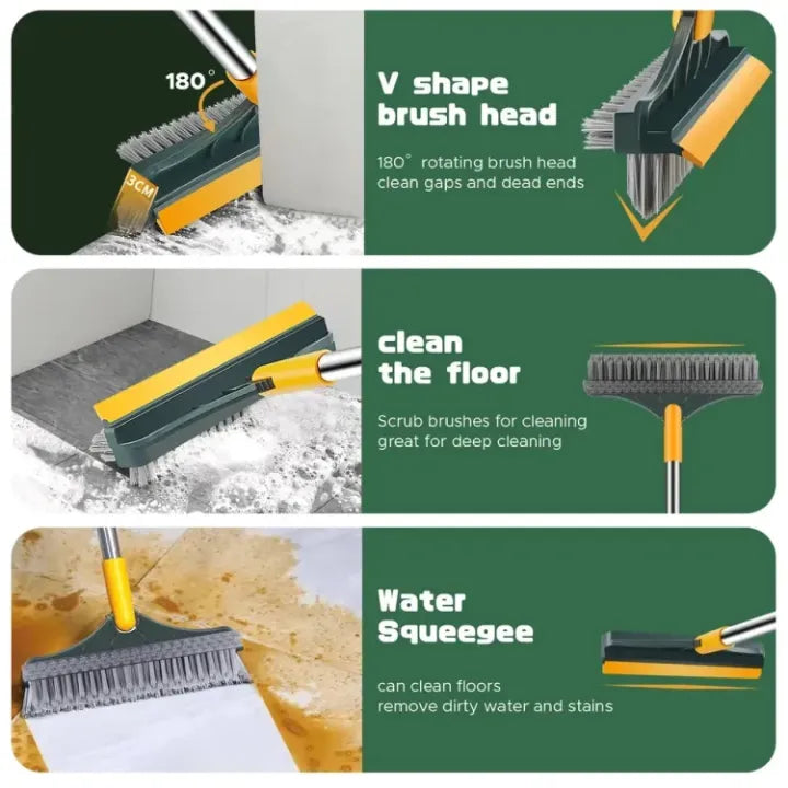 3 in 1 Cleaning Brush with Wiper | Double Sided Scrubber Brush with Long Handle