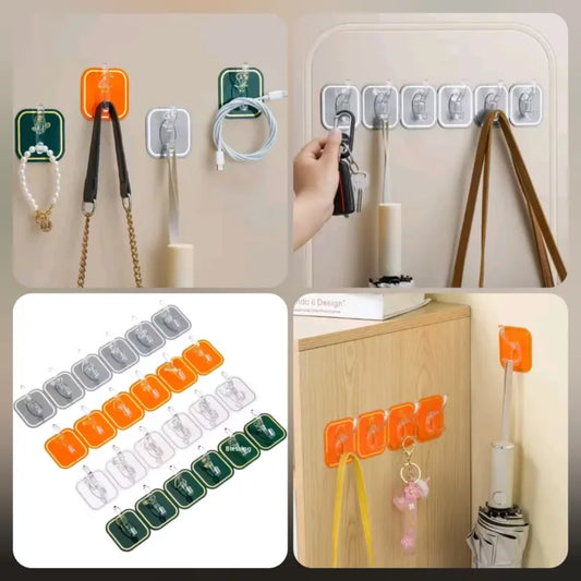 6 Row Multipurpose Hooks Nail-free Transparent Holder Strong Self Adhesive Wall Hook