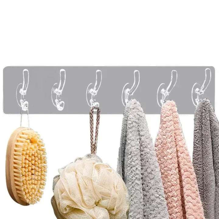 6 Row Multipurpose Hooks Nail-free Transparent Holder Strong Self Adhesive Wall Hook