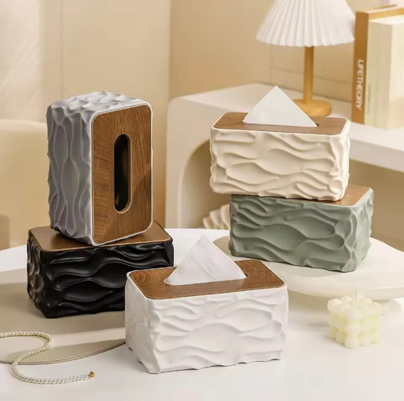 Elegant Wave Pattern Tissues Box With Wooden Lid