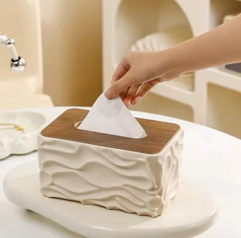 Elegant Wave Pattern Tissues Box With Wooden Lid