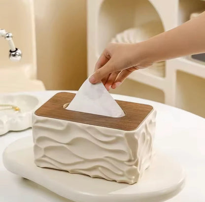 Elegant Wave Pattern Tissues Box With Wooden Lid