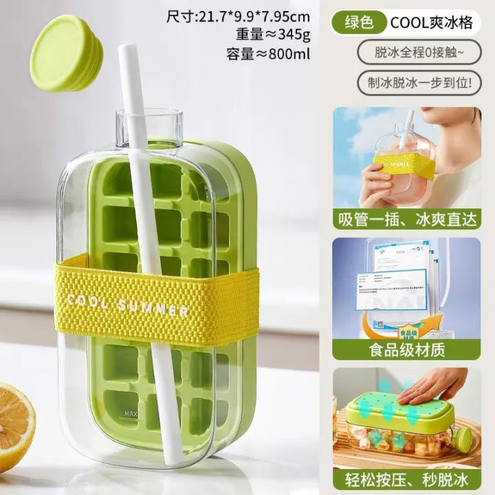 Ice Cube Bottle, 2 in 1 Touch-Free Ice Cube Tray 500ml