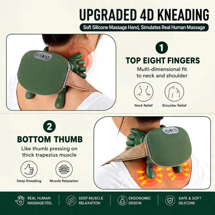 Neck Massager Finger Pressure Neck Back and Shoulder Massager - Real Hands with 2 Heat Modes for Home