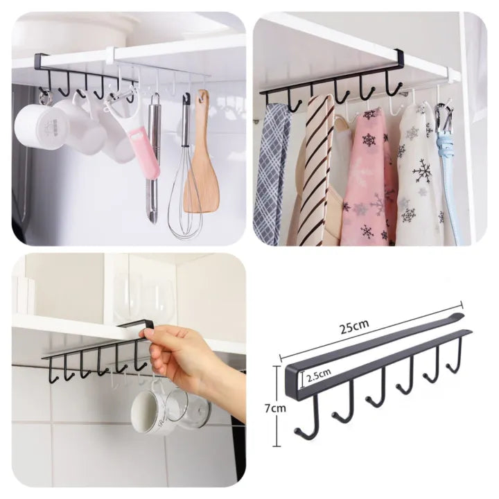 6 Iron Hook Under Cabinet Mug Holder Storage Hooks for Shelf, Cup Holder