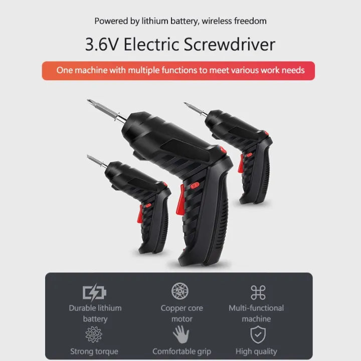 Electric Screwdriver, 3.6V Black Cordless Screwdriver Rechargeable Handle Drill Driver with USB Charging Cable and Accessories