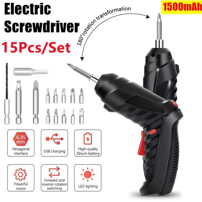 Electric Screwdriver, 3.6V Black Cordless Screwdriver Rechargeable Handle Drill Driver with USB Charging Cable and Accessories