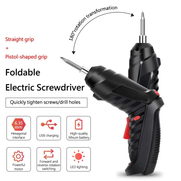 Electric Screwdriver, 3.6V Black Cordless Screwdriver Rechargeable Handle Drill Driver with USB Charging Cable and Accessories